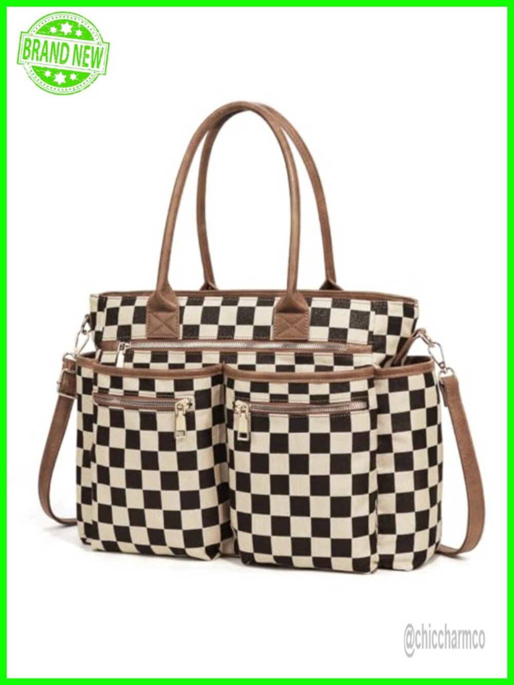 Checkered Tote Bag PU Leather Canvas Crossbody Handbag with Zipper